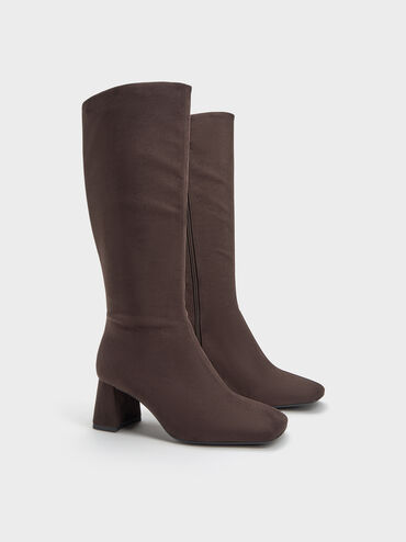 بوت شمواه صناعي بطول الركبة ومقدمة مربعة, بني محبّب غامق, hi-res