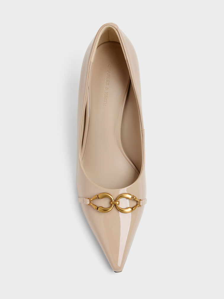 Patent Metallic-Buckle Pointed Pumps, Nude, hi-res