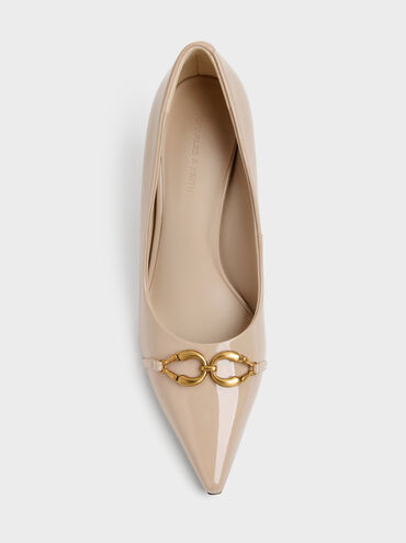 Patent Metallic-Buckle Pointed Pumps, Nude, hi-res