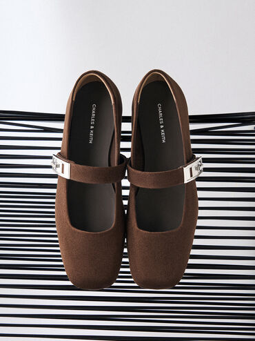 حذاء ماري جين لاندو شمواه صناعي بمشبك, بني محبّب غامق, hi-res