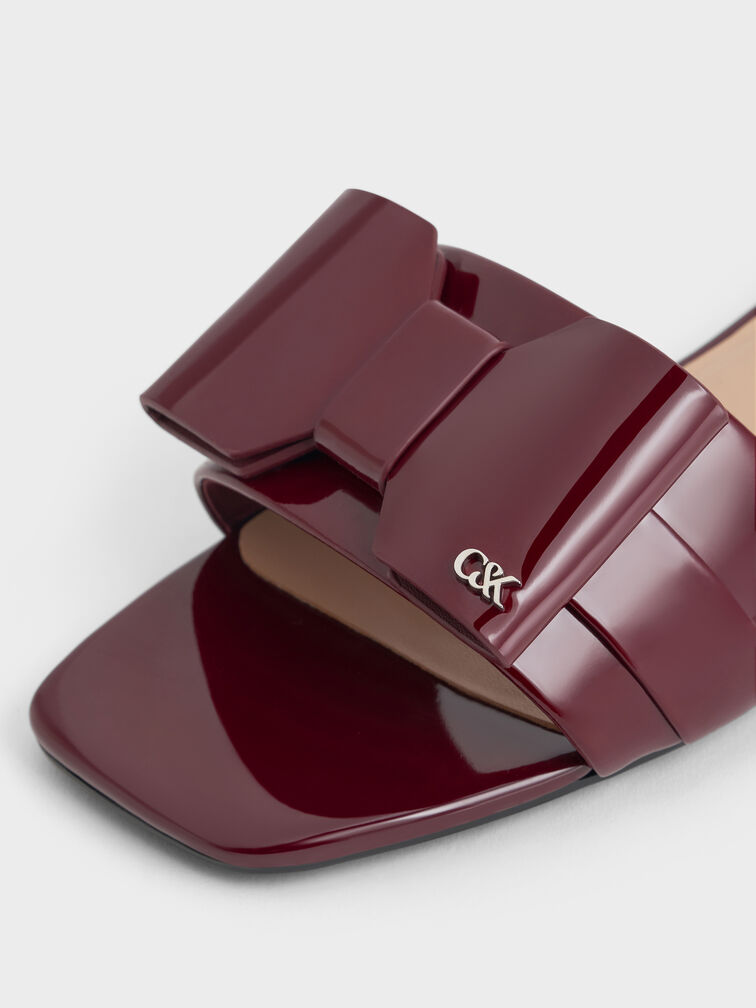 Lu Patent Leather Bow Slide Sandals, Burgundy, hi-res