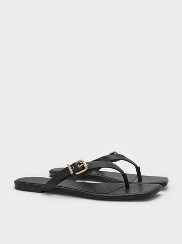 Buckled Thong Sandals, Black, hi-res