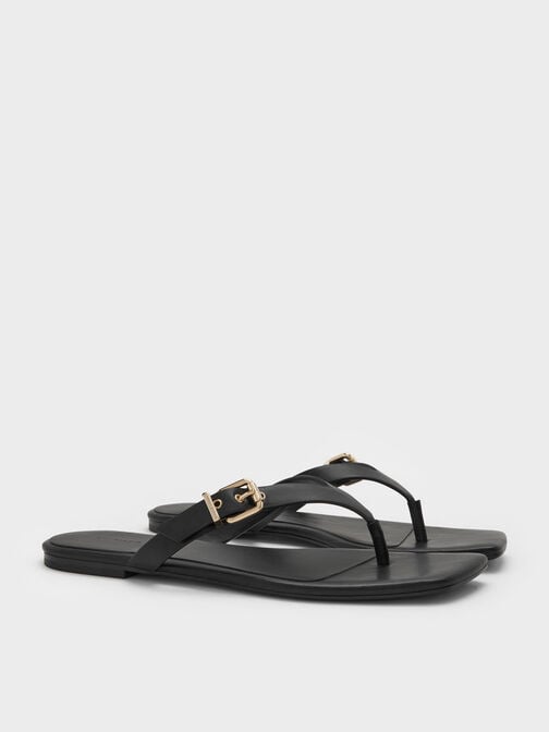 Buckled Thong Sandals, Black, hi-res