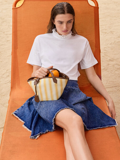 حقيبة توت إيفانا صغيرة مخططة من الكانفاس, Butterscotch Yellow, hi-res