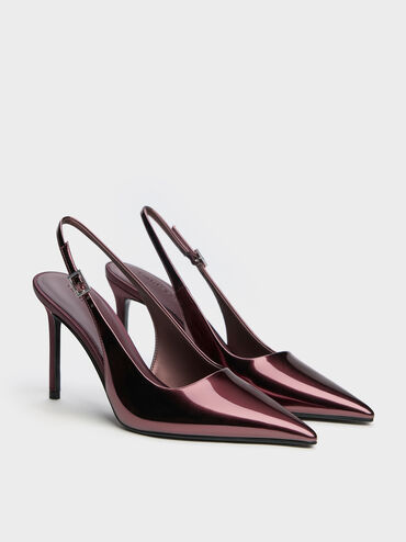 Metallic Pointed Slingback Pumps, Burgundy, hi-res