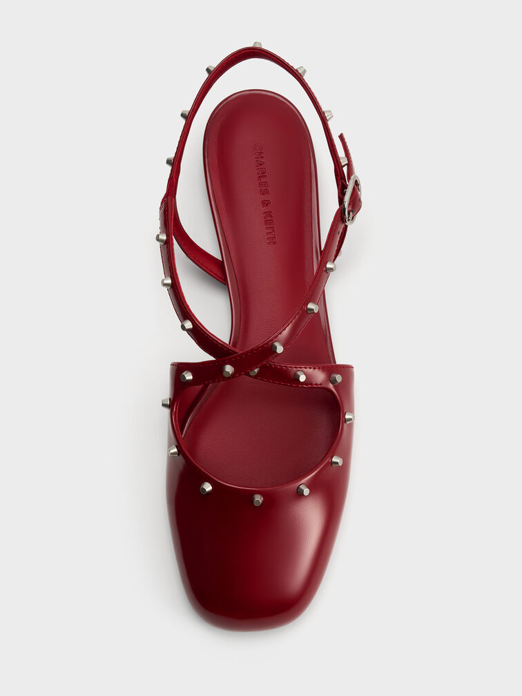Studded Crossover Slingback Flats, Red, hi-res
