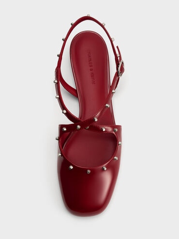 Studded Crossover Slingback Flats, Red, hi-res
