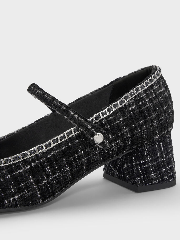 Tweed Braided-Chain Block-Heel Mary Jane Pumps, Black Textured, hi-res