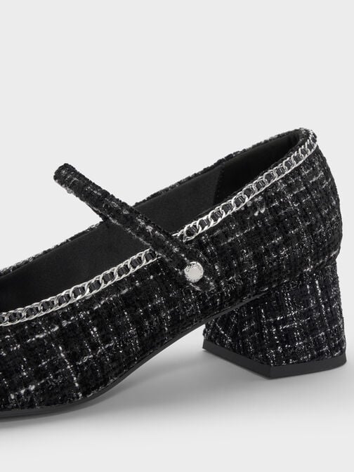 Tweed Braided-Chain Block-Heel Mary Jane Pumps, Black Textured, hi-res