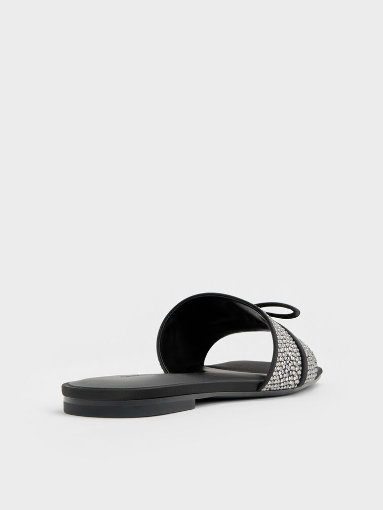 Satin Crystal-Embellished Bow Slide Sandals, Black Textured, hi-res