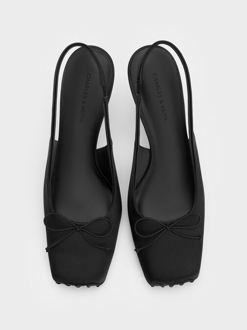 Satin Ruched Stiletto Slingback Pumps, Black Textured, hi-res