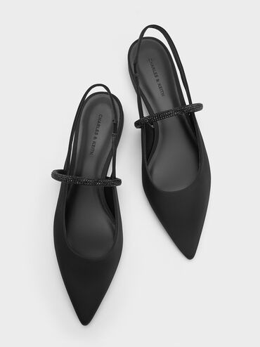 صندل بكعب رفيع من الساتان المزيّن بالكريستالات, أسود خشن, hi-res