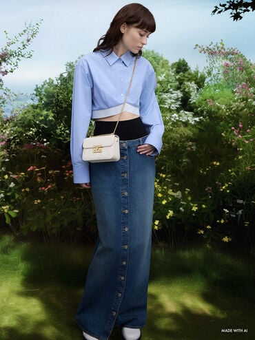 حقيبة ألفا بتصميم مبطن ومقبض على شكل سلسلة, كريمي, hi-res