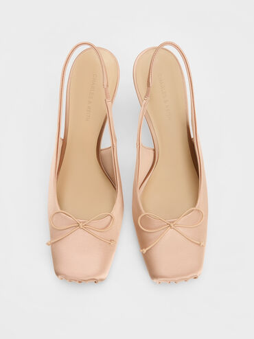 Satin Ruched Stiletto Slingback Pumps, Nude, hi-res
