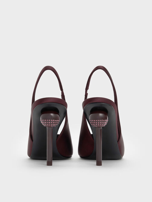 حذاء ميول ساتان مزين بالكريستال بكعب كروي ومقدمة مدببة مع حزام خلفي, برغندي, hi-res