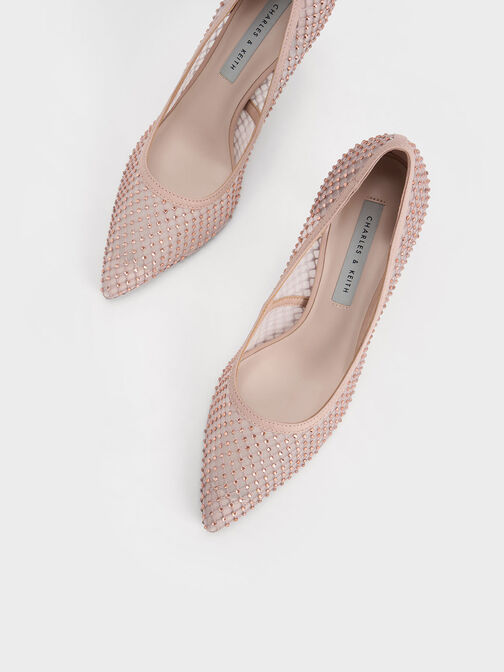 حذاء بامب بتصميم شبكي مرصع بالأحجار, لون البشرة الطبيعي, hi-res