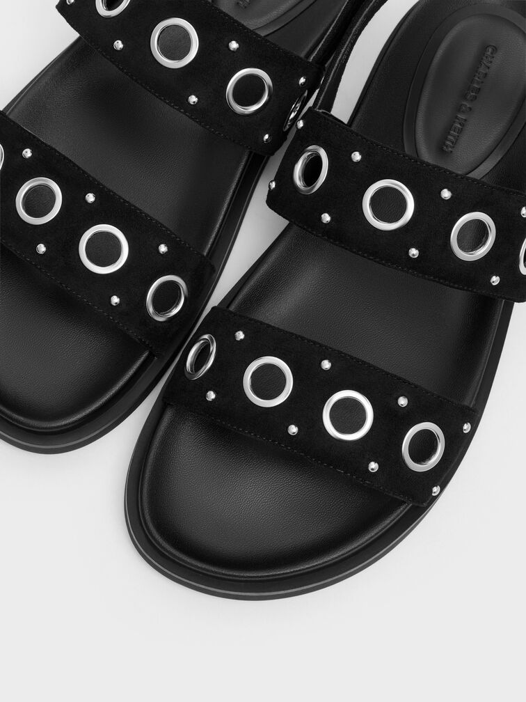 صندل مفتوح من الخلف من الجلد المدبوغ الصناعي مزود بفتحات معدنية, أسود خشن, hi-res