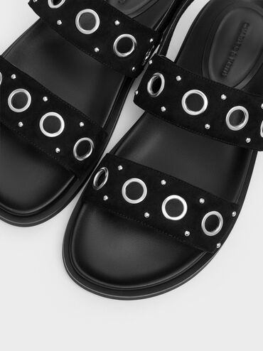 صندل مفتوح من الخلف من الجلد المدبوغ الصناعي مزود بفتحات معدنية, أسود خشن, hi-res