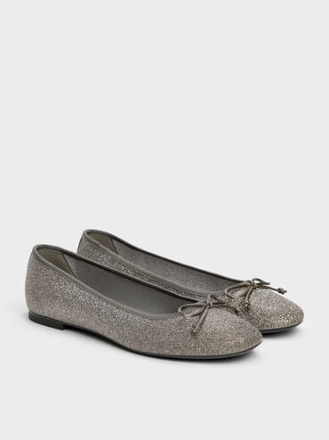 Glittered Mesh Bow Ballet Flats, Grey, hi-res