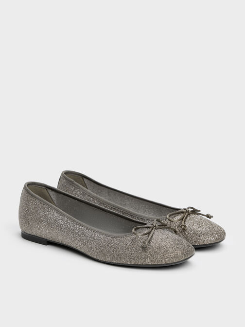 Glittered Mesh Bow Ballet Flats, Grey, hi-res