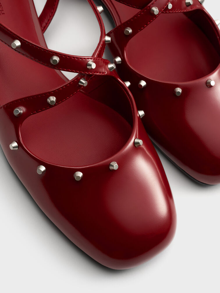 Studded Crossover Slingback Flats, Red, hi-res