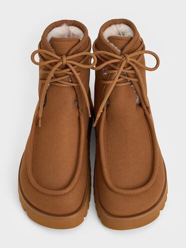 حذاء بوت للكاحل مبطن بالفرو وبنعل مضلع, بني, hi-res