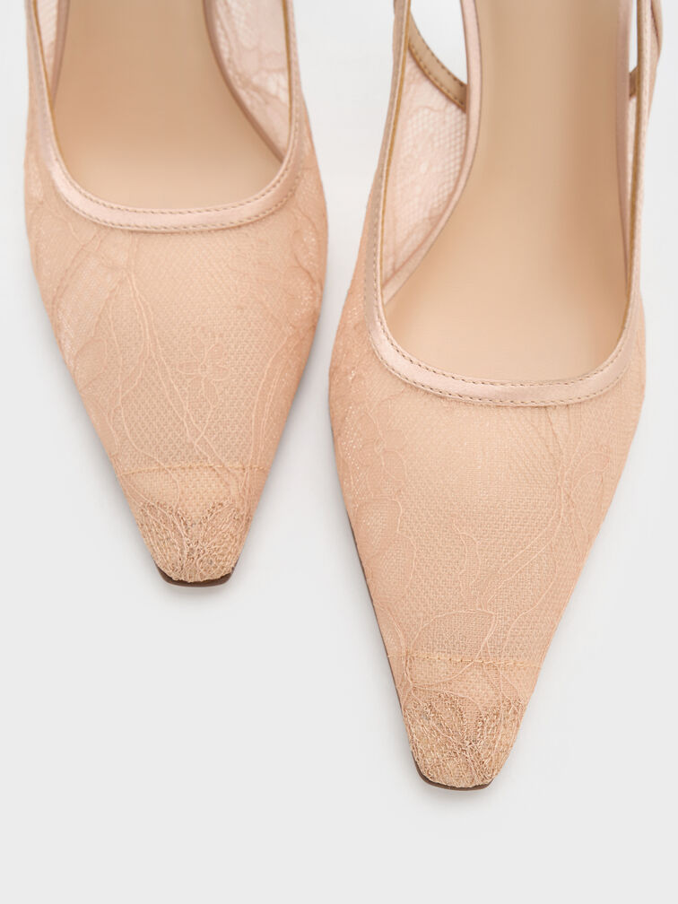 حذاء من الدانتيل والساتان مفتوح من الخلف بكعب (بامبس), لون البشرة الطبيعي, hi-res