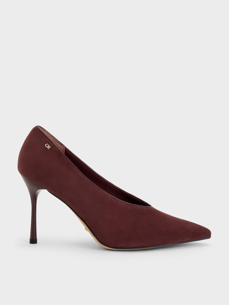 Leather & Suede Pointed Pumps, Burgundy, hi-res