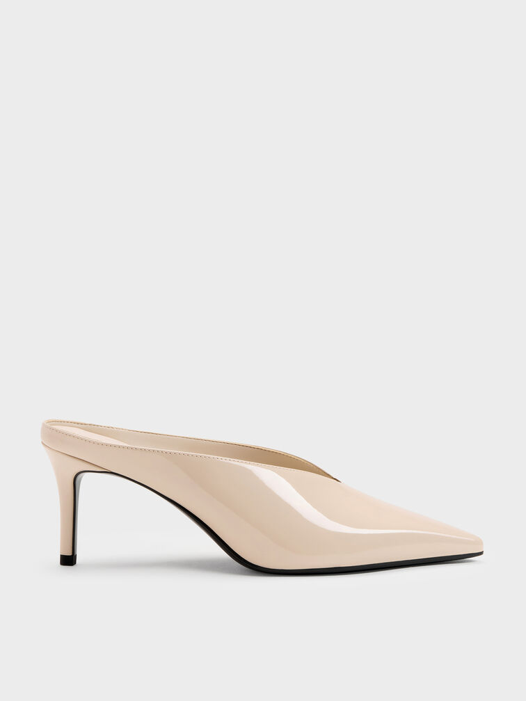 Patent Pointed Heeled Mules, Nude, hi-res