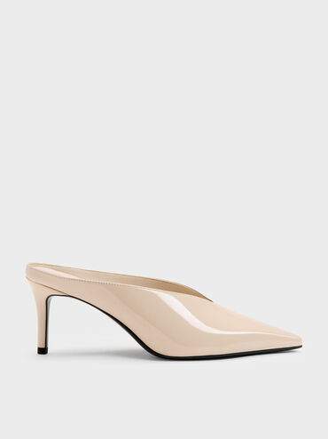Patent Pointed Heeled Mules, Nude, hi-res
