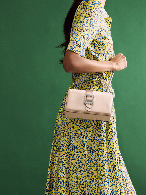 Satin Crystal-Buckle Belted Chain-Handle Bag, Sunset Nude, hi-res