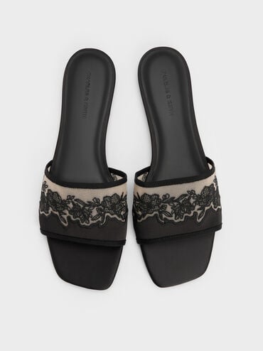 Satin Embroidered-Mesh Slide Sandals, Black Textured, hi-res