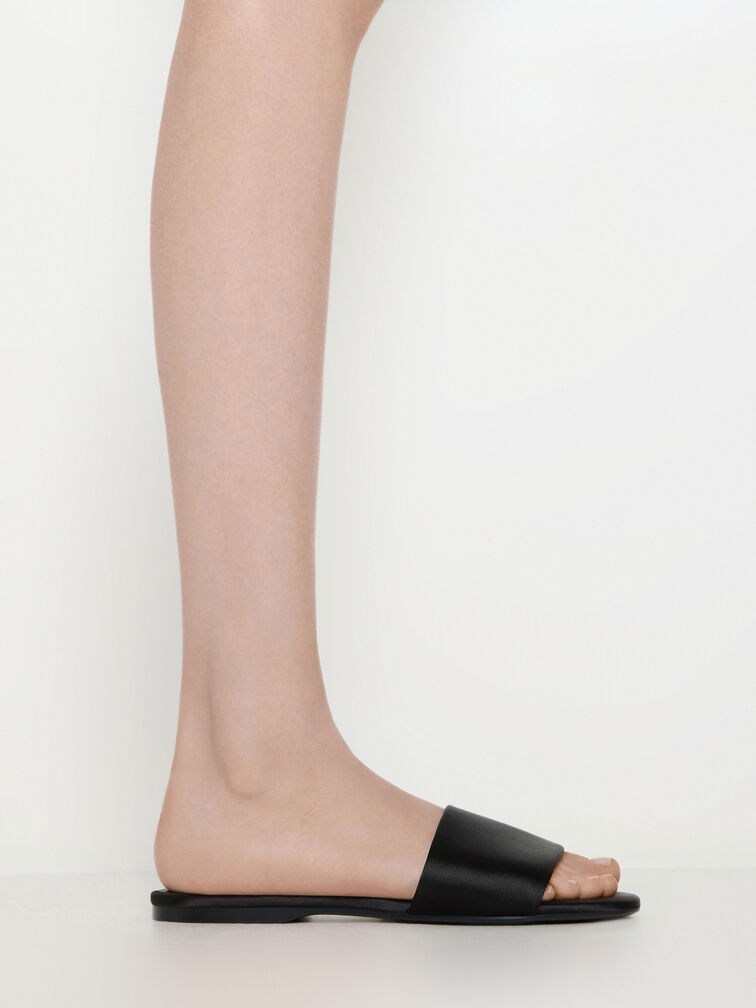 Satin Slide Sandals, Black Textured, hi-res