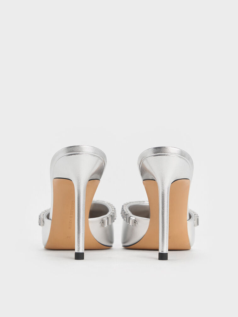 حذاء ميولز بكعب ومقدّمة مدبّبة مزيّنة بلمسات معدنية وكريستالات, فضي, hi-res