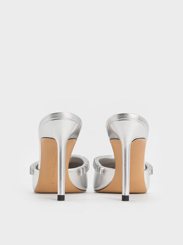 حذاء ميولز بكعب ومقدّمة مدبّبة مزيّنة بلمسات معدنية وكريستالات, فضي, hi-res