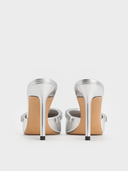 حذاء ميولز بكعب ومقدّمة مدبّبة مزيّنة بلمسات معدنية وكريستالات, فضي, hi-res