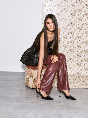 حذاء بامبس وين لامع سليجنباك بكعب منحوت ومقدمة مدببة, أسود براق, hi-res