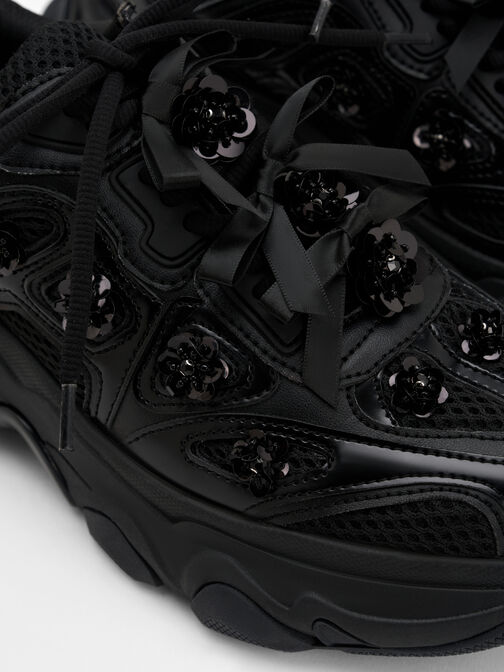 Gaskell Flower-Embellished Chunky Sneakers, Black, hi-res