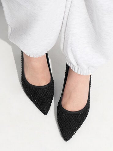 حذاء من قماش شبكي بكعب عالٍ ومقدمة مدببة وتصميم مزين بالكريستال, أسود خشن, hi-res