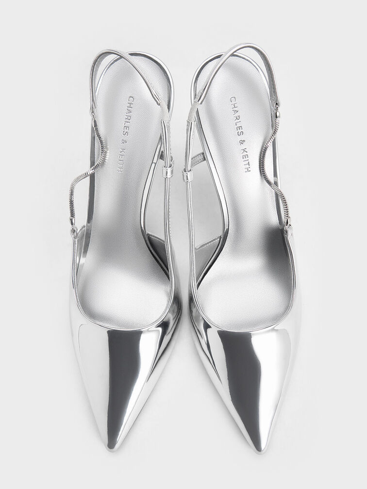 حذاء بكعب مفتوح من الخلف برأس مدبب وتفاصيل سلاسل معدنية, فضي, hi-res