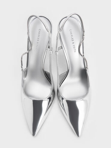 حذاء بكعب مفتوح من الخلف برأس مدبب وتفاصيل سلاسل معدنية, فضي, hi-res