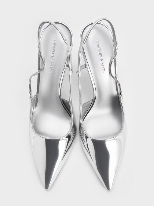 حذاء بكعب مفتوح من الخلف برأس مدبب وتفاصيل سلاسل معدنية, فضي, hi-res