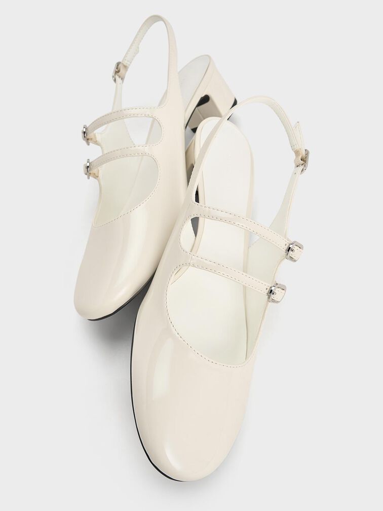 حذاء كليمنتاين بكعب وتصميم ماري جين مفتوح الظهر بمقدمة مغلقة وحزامين أماميين, أبيض طباشيري, hi-res