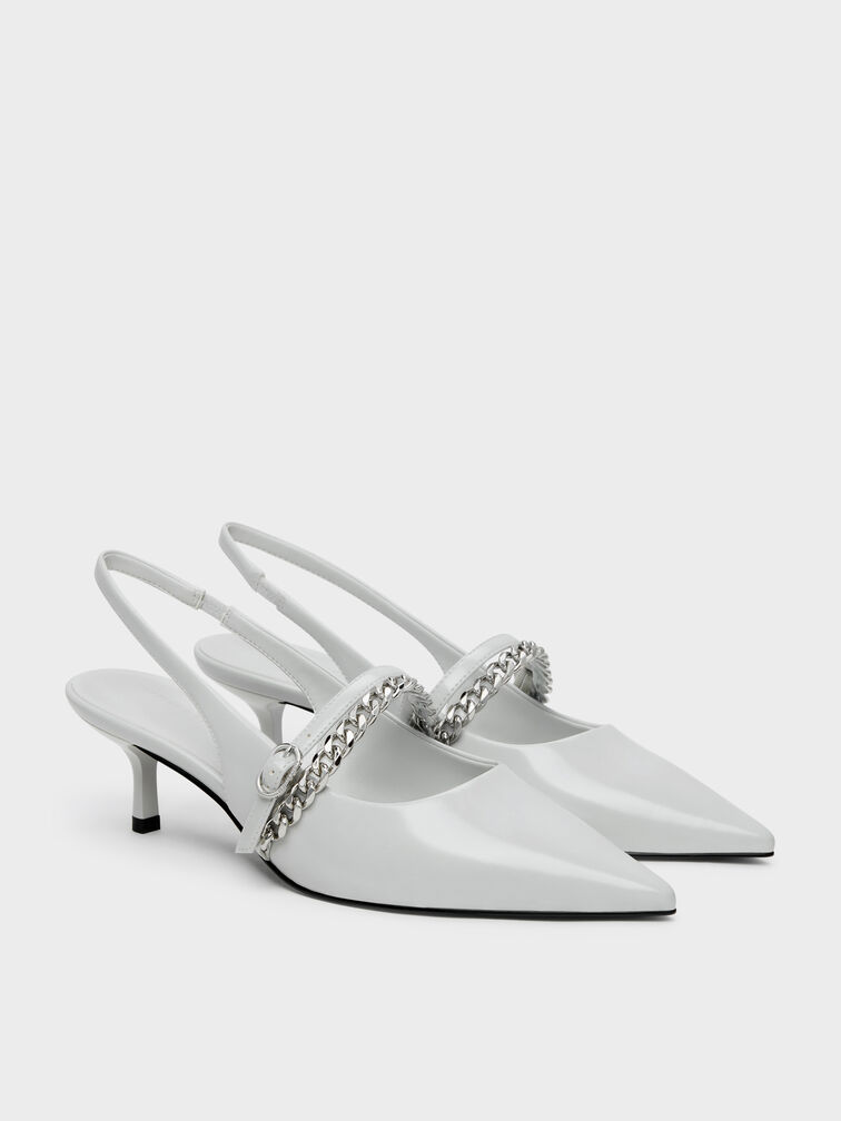 حذاء جورجي ذو الكعب الصغير المفتوح من الخلف والمزين بسلسلة, رمادي فاتح, hi-res