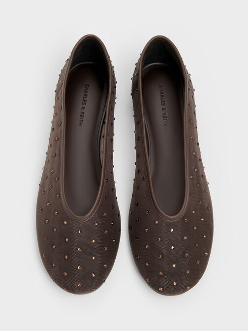 Mesh Crystal Ballet Flats, Dark Brown Textured, hi-res