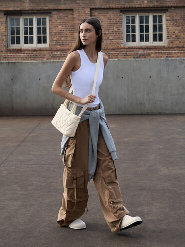 Nylon Chevron Boxy Tote Bag, Cream, hi-res