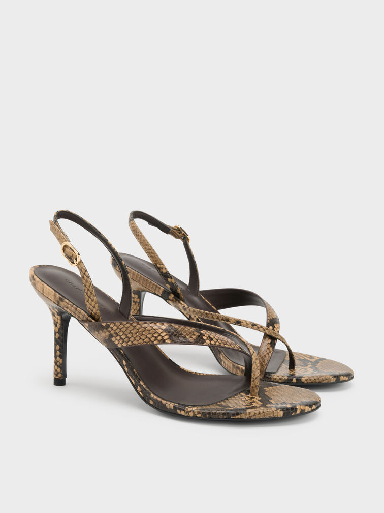 صندل ثونغ مكشوف طراز (ثونغ) وكعب ستيليتو وحزام خلفي بنقشة جلد الثعبان, نمط حيواني طبيعي, hi-res