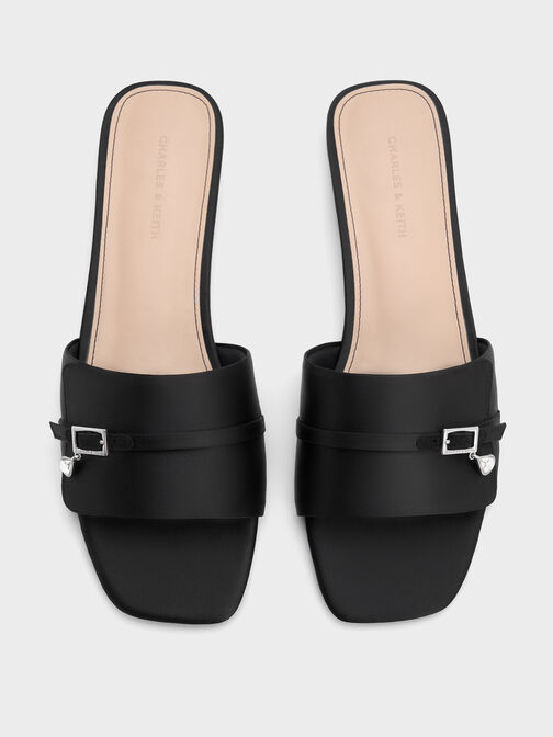 Satin Teardrop-Crystal Buckle-Strap Slide Sandals, Black Textured, hi-res