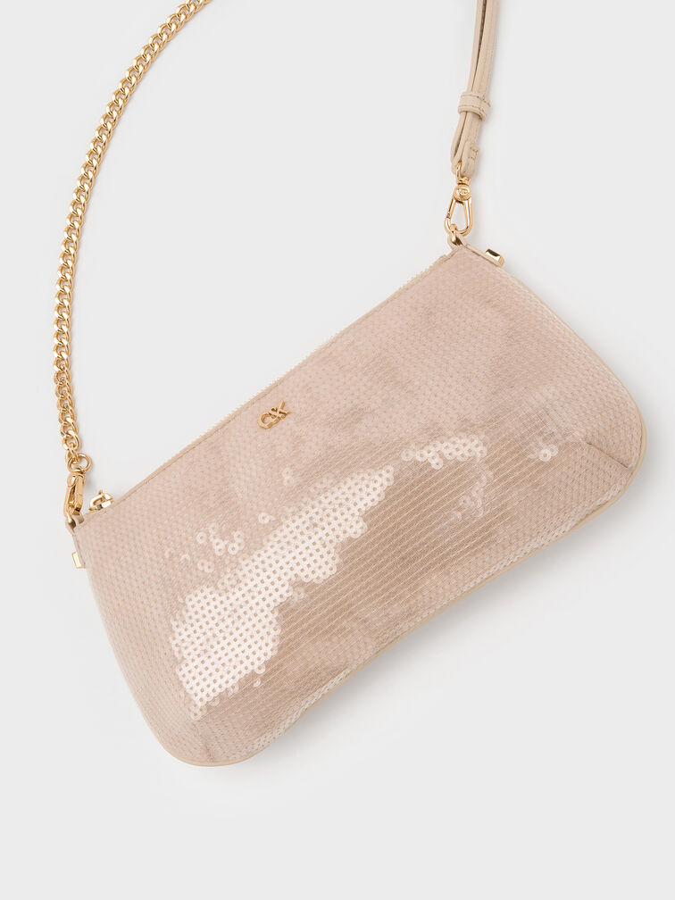Sequin Mesh & Leather Shoulder Bag, Champagne Nude, hi-res