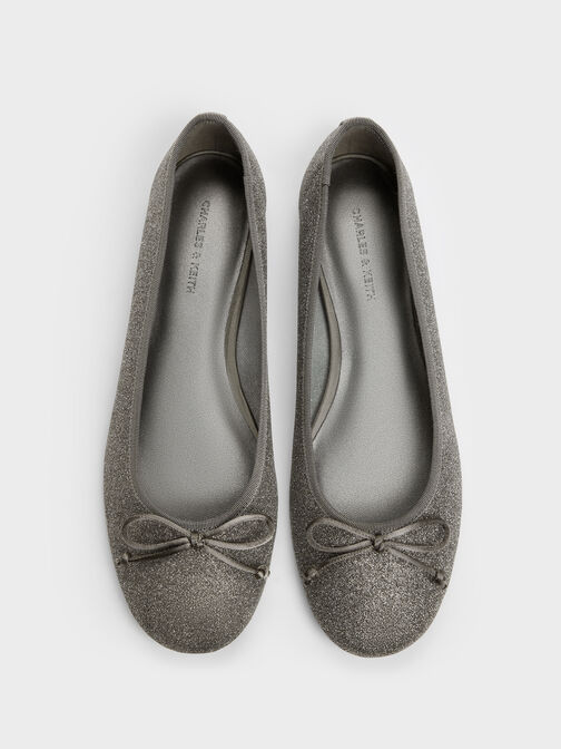 Glittered Mesh Bow Ballet Flats, Grey, hi-res